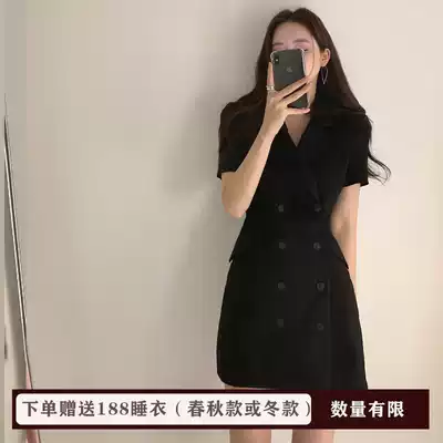 Suit dress women 2021 summer new Korean chic double-breasted temperament slim cotton linen retro shirt skirt