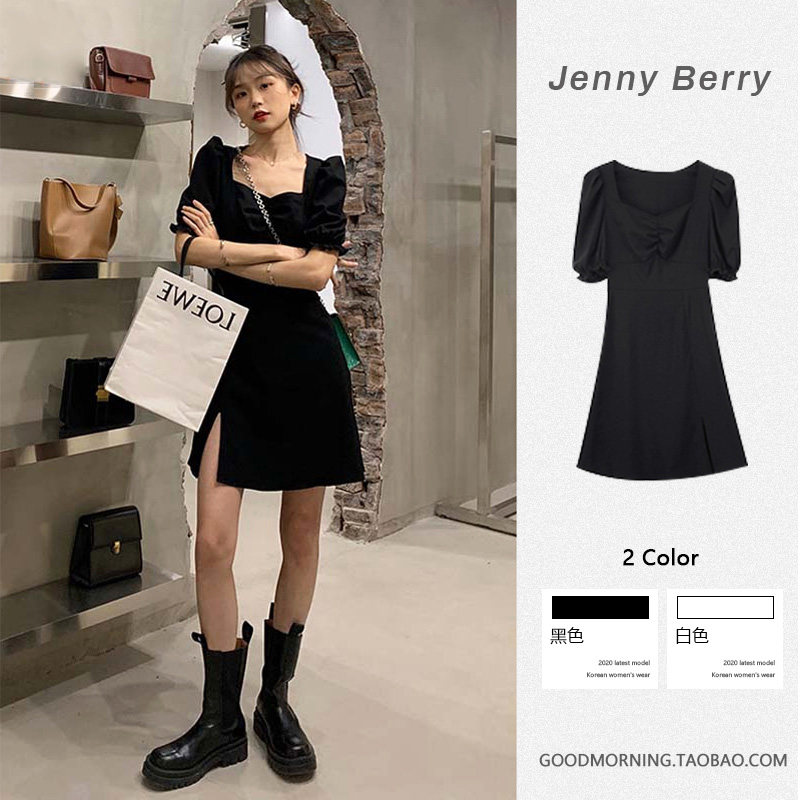 European station puff sleeve dress Xia Xian is thin and small French retro design sense of temperament Hepburn style little black dress