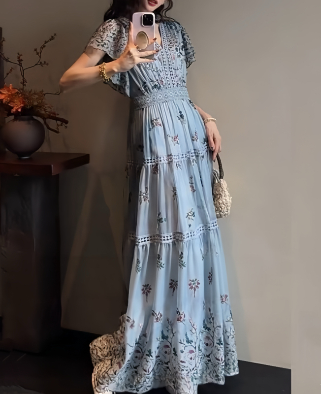 Sanji Heihua【Huattingzhou】New Chinese-Style Embroidered Color-Blocked Dress for Women, Super Popular Summer Long Dress, Beach Fashion