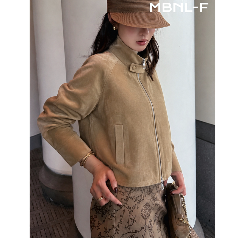 Mbnl-F Qin Lei Women's Clothing "Suede Brown Stand Collar" Buttoned Raglan Sleeve Retro Camel Brown Short Jacket Xy-6Wt2130