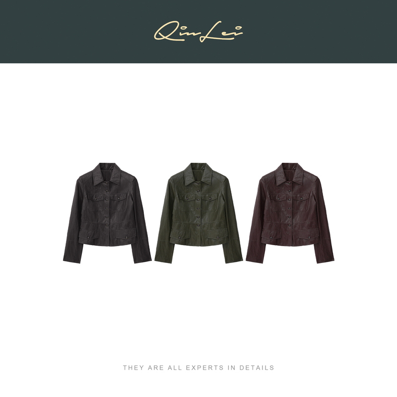 Mbnl-F Qin Lei Women's "Micro-Shine Leather Surface" Short Jacket with Turn-Down Collar and Straight Fit Xy-6Wt2063