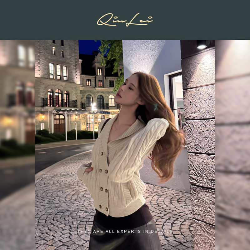 Mbnl-F Qin Lei Women's Clothing "Cable Knit Shawl Collar" Blended Double-Breasted Cable Knit Sweater Xy-6Mz2111