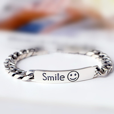 Korean Style Women's Smooth Rectangular Smiley Sterling Silver Bracelet Retro Personalized Smile Letter Smiley Face Bracelet Accessories
