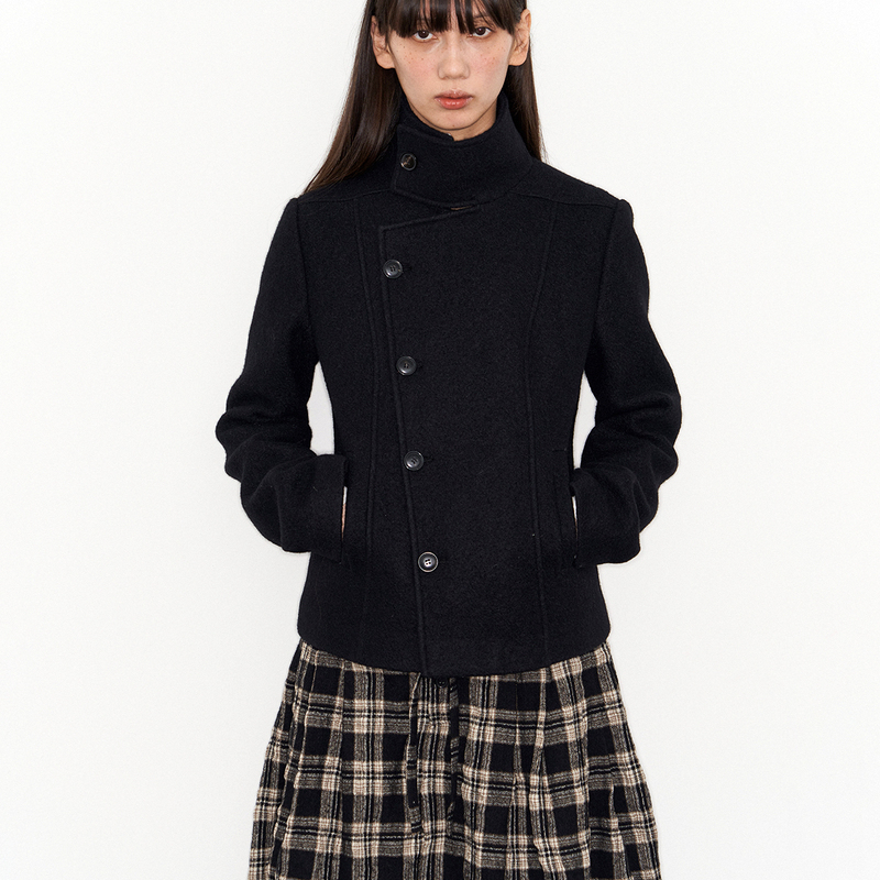 Frommtof All-Wool Coat Woolen Top Slimming Short Stand-Up Collar Black Woolen Coat Winter