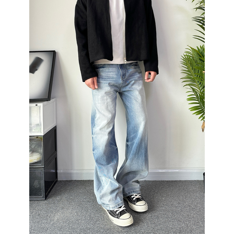 Poplar Classic Washed Denim Cream Vintage Ice Blue Cleanfit Straight A-Line Denim Pants for Men