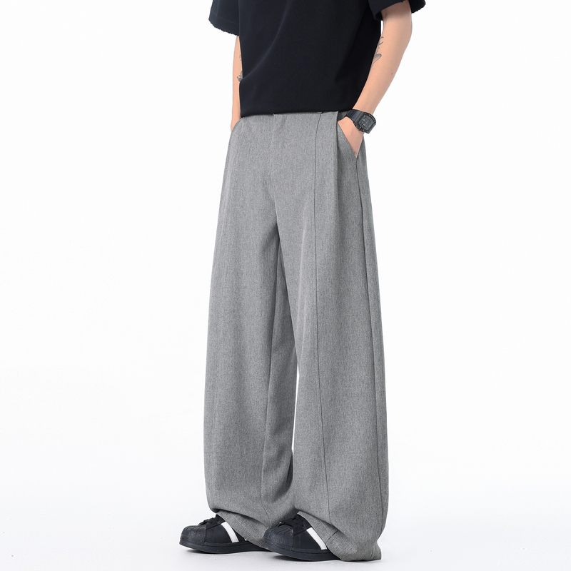 Forstnes Designer Gray Deconstructed A-Line Casual Trousers for Men, Trendy American Style Loose Straight-Leg Drape Pants