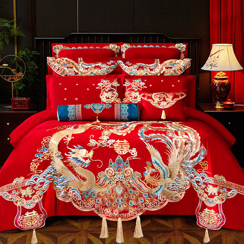 Wedding with four sets of large red 100s long suede cotton New wedding all-cotton Longfeng Embroidered Wedding pure cotton bed bedding