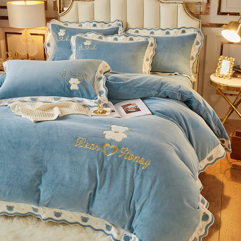 Coral velvet four-piece sheet winter milk velvet quilt cover flannel bedding double-sided velvet plus velvet baby velvet