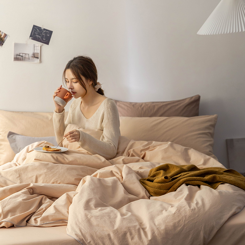 Nordic Wind Four Pieces Quilt Cover Pure Color Minimun Full Cotton Spring Autumn Season Bed Linen Pure Cotton Three-three Style Bedding