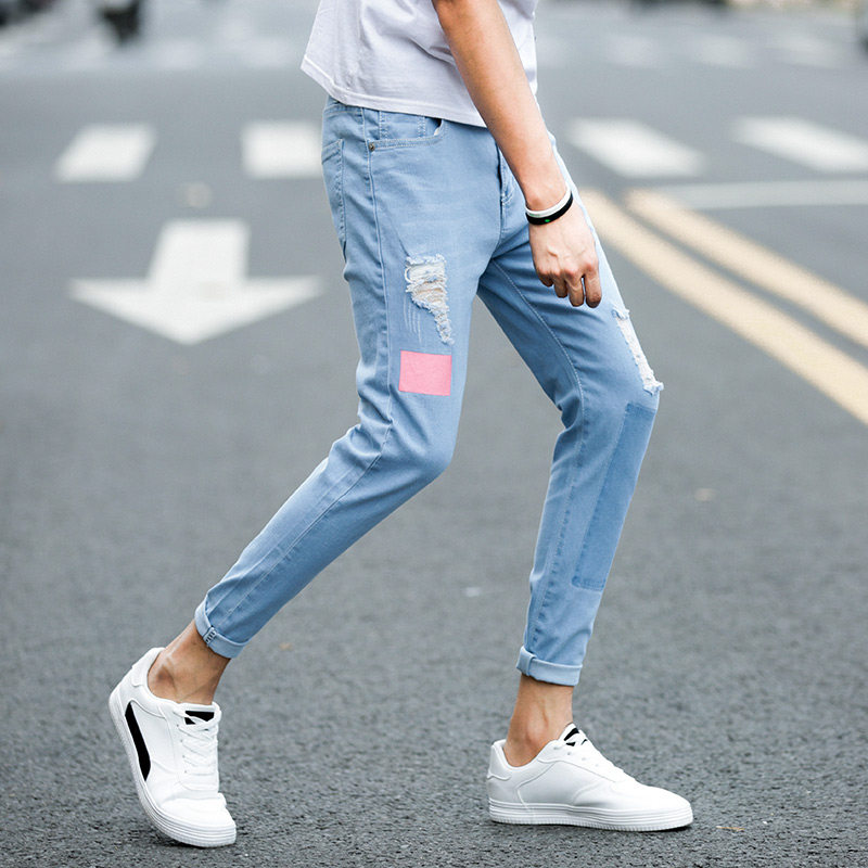 Korean version of the hole beggar nine-point jeans men's autumn new 2020 slim teen student cigarette tube pants