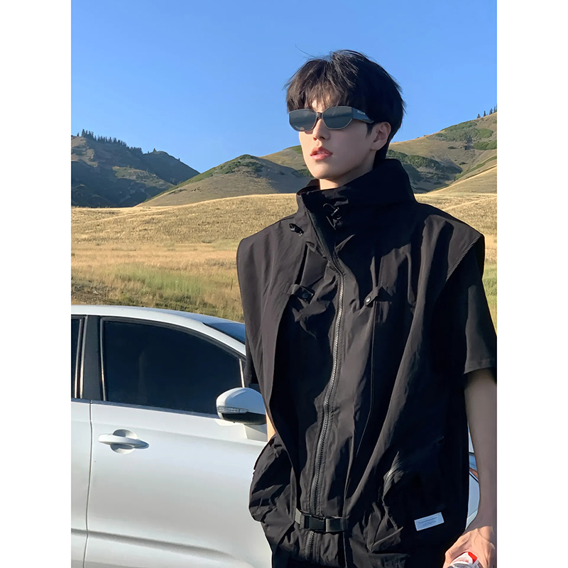 American-Style Functional Sleeveless Work Vest for Men, High-End Outdoor Mountain Style Jacket, Trendy Brand, Cool Hooded Coat