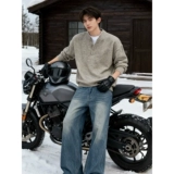 Ретро демисезонный трикотажный свитер, в американском стиле, воротник поло