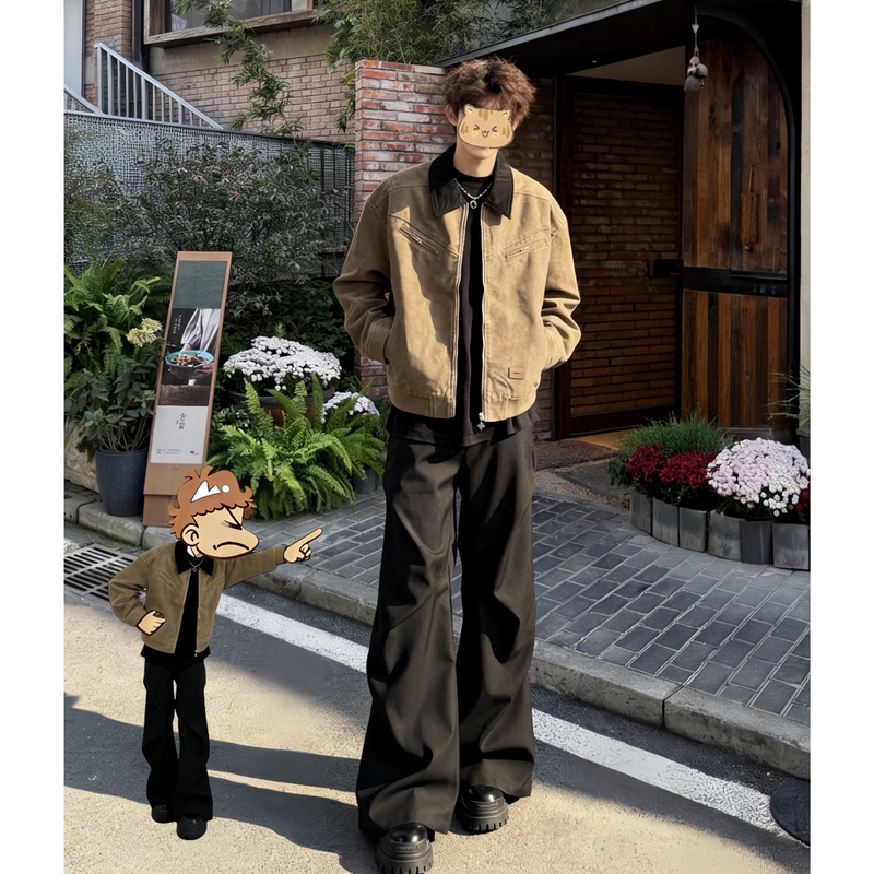 American Retro Detroit Workwear Jacket for Men, Spring and Autumn Harrington Lapel Baseball Jacket, Vintage Denim Jacket