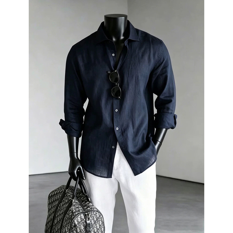 Old Money Style Navy Blue Linen Shirt for Men, Summer Lightweight Breathable Sun Protection Long-Sleeve Shirt, Relaxed Casual Jacket