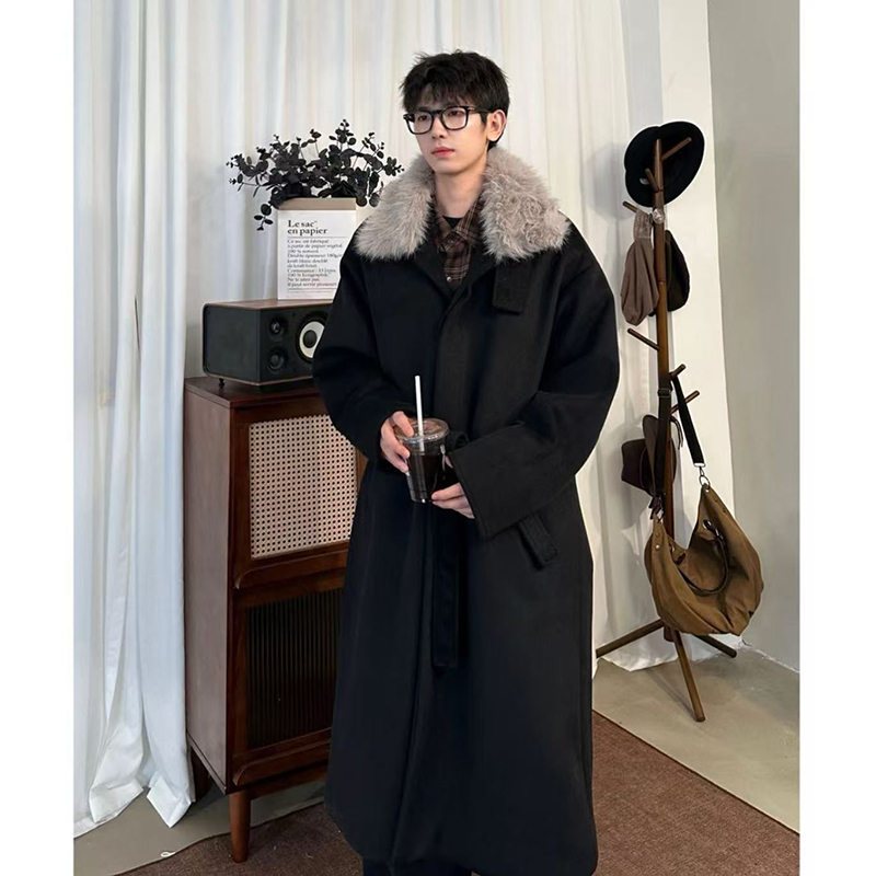 Men's Woolen Coat with Fur Collar, Thickened Mid-Length Winter Coat, Korean Style Black Padded Trench Coat