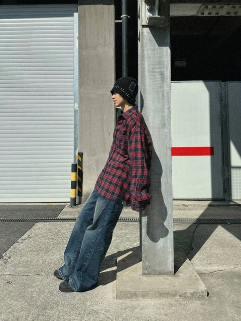 European and American street red long-sleeved plaid shirt for men 2024 autumn American retro high street plaid shirt jacket trend