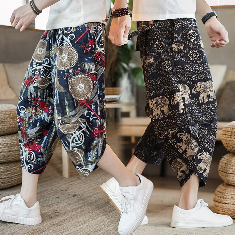Summer Linen Shorts Male Casual Loose China Wind Seven Pants Thai 7 Points Seaside Holiday Beach Pants Tide