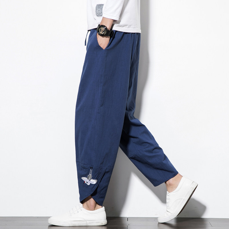 Chinese style crane embroidery casual pants loose large size cotton linen wide pants men's bloomers harem pants men's pants