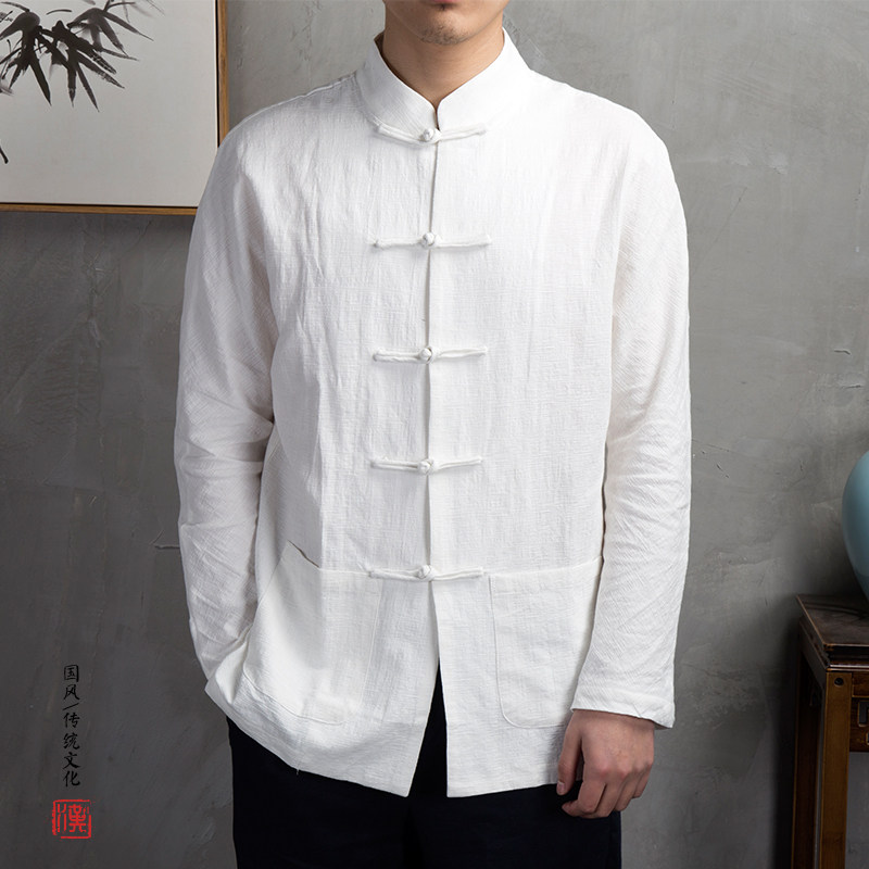 Autumn Chinese wind disc buckle linen shirt men loose long sleeves cotton linen jacket Chinese style men's retro style