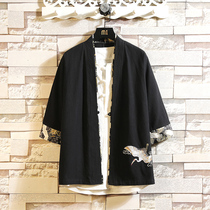  Hanfu mens ancient style fairy crane embroidery Taoist robe cloak Chinese style mens fairy linen loose three-point sleeve jacket autumn