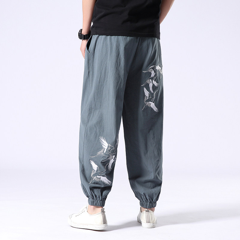 Chinese style ancient style casual pants Tie-foot Harun pants Summer Tang dress men's pants Vintage embroidered Hanfu closed trousers