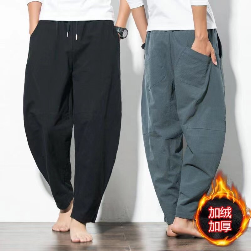 Winter plus velvet thickened cotton linen loose broadlegged pants male Gats up overweight overweight Fat Sub Casual Pants National Wind Pants