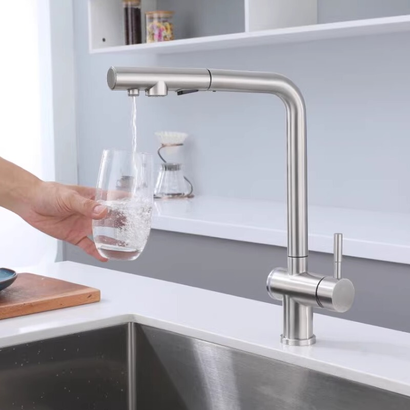 Water Purification Hot and Cold Water Kitchen Three-In-One Pull-Out Faucet 304 Stainless Steel Sink Vegetable Basin Black Three-Outlet
