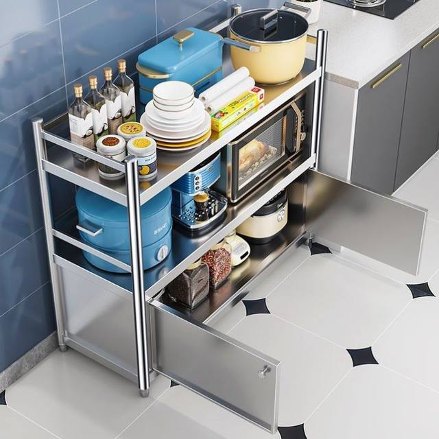 ເຮືອນຄົວສະແຕນເລດ rack ຕູ້ເກັບຮັກສາຕູ້ sideboard microwave ເຕົາອົບ rack ການເກັບຮັກສາ shelf ກັນຂີ້ຝຸ່ນ