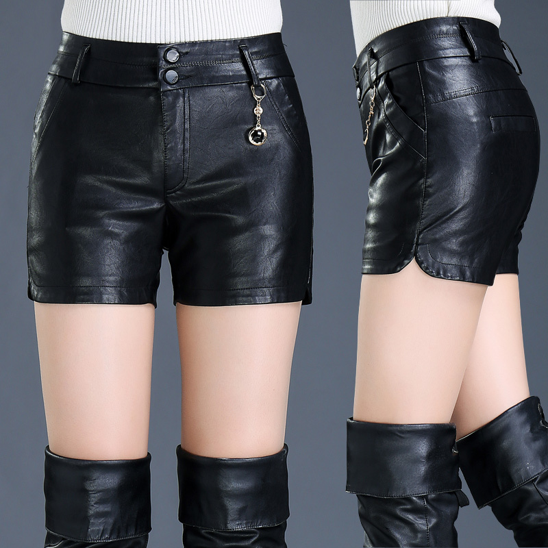 Women's Leather Shorts, New Autumn and Winter 2025 Style, Pu Leather Pants, High-Waisted, Thickened, Slimming, Plus Size, Outerwear, Straight-Leg Pants, Bootcut Pants