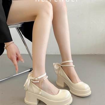 French-Style Pearl Buckle Single Shoes for Women 2025 New High-Heeled Shoes with Chunky Heels, White Mary Jane Shoes, Thick-Soled Small Leather Shoes