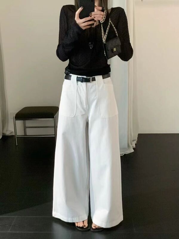 Ouna 6506 Korean-Style High-Waisted Slimming Straight-Leg Jeans for Women, Spring and Summer Design with Pockets, Wide-Leg Pants