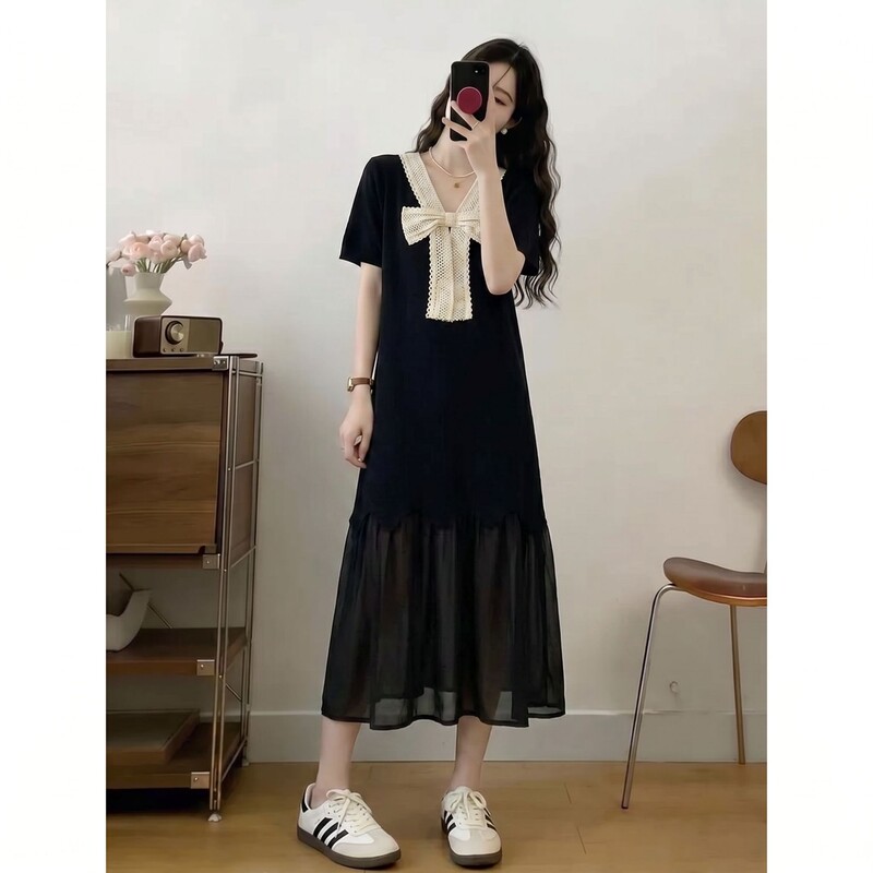 High-End Design Lace Bow Dress for Women, Summer Plus Size, Loose Fit, Slimming Straight T-Shirt Mid-Length Dress High-End Design Lace Bow Dress for Women, Summer Plus Size, Loose Fit, Slimming Straight T-Shirt Mid-Length Dress