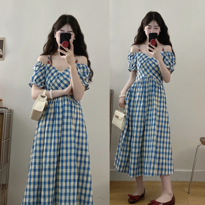 Pastoral Style Beaded Off-Shoulder Short-Sleeved Long Dress for Women, Summer Plus Size, Elegant, Age-Reducing, Slimming, Waist-Cinching Dress