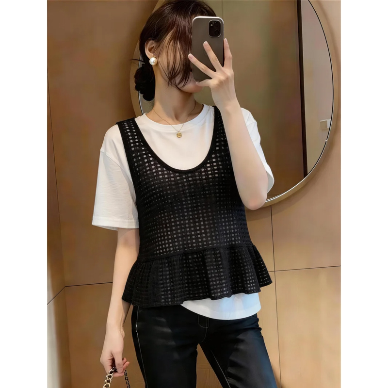 Designed Ruffled Vest, Short-Sleeved T-Shirt Two-Piece Set for Women, Summer Plus Size Fashionable Casual Slimming Top