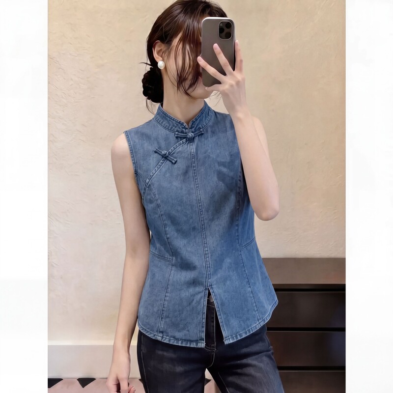 New Chinese-Style Buttoned Sleeveless Denim Shirt for Women, Summer Plus-Size Design with a Slit, Slimming Sleeveless Vest Top New Chinese-Style Buttoned Sleeveless Denim Shirt for Women, Summer Plus-Size Design with a Slit, Slimming Sleeveless Vest Top