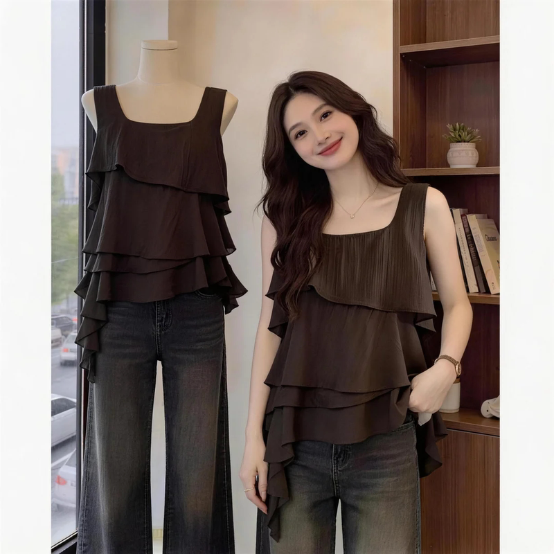 Fashionable Korean Style Ruffled Square-Neck Sleeveless Vest for Women, Summer Plus Size, Irregular and Chic, Slimming and Elegant Top Fashionable Korean Style Ruffled Square-Neck Sleeveless Vest for Women, Summer Plus Size, Irregular and Chic, Slimming and Elegant Top