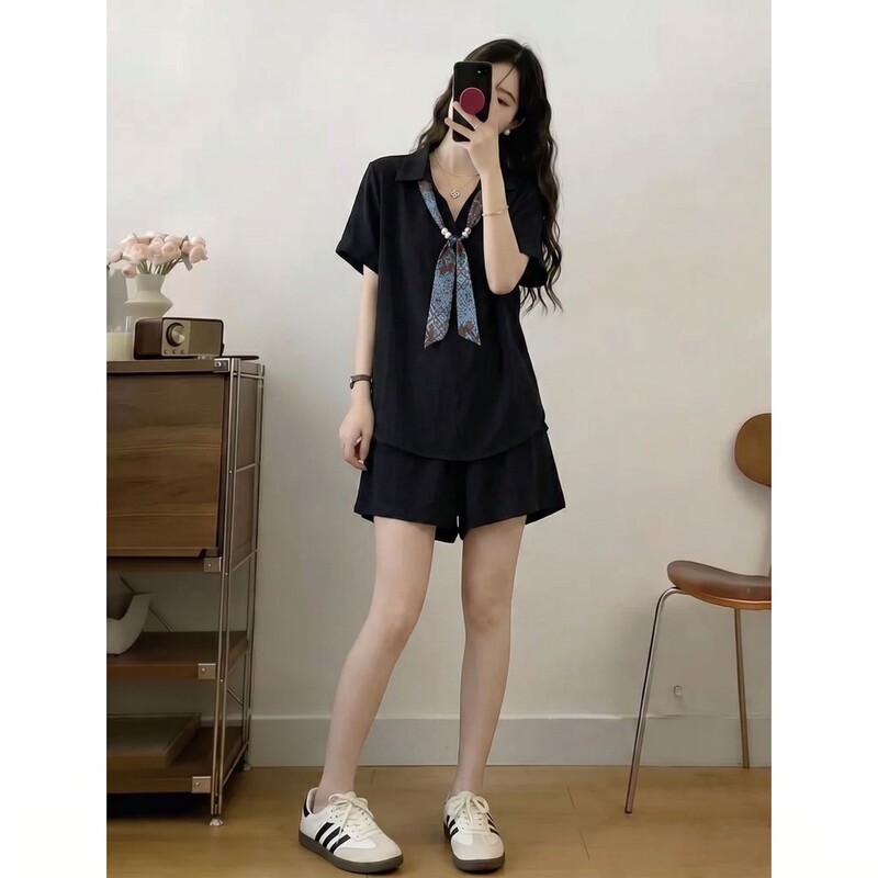 Silk Scarf Tie Shirt Wide-Leg Shorts Two-Piece Set for Women, Summer Plus Size, Loose Fit, Slimming, Concealing Design, Trendy Silk Scarf Tie Shirt Wide-Leg Shorts Two-Piece Set for Women, Summer Plus Size, Loose Fit, Slimming, Concealing Design, Trendy