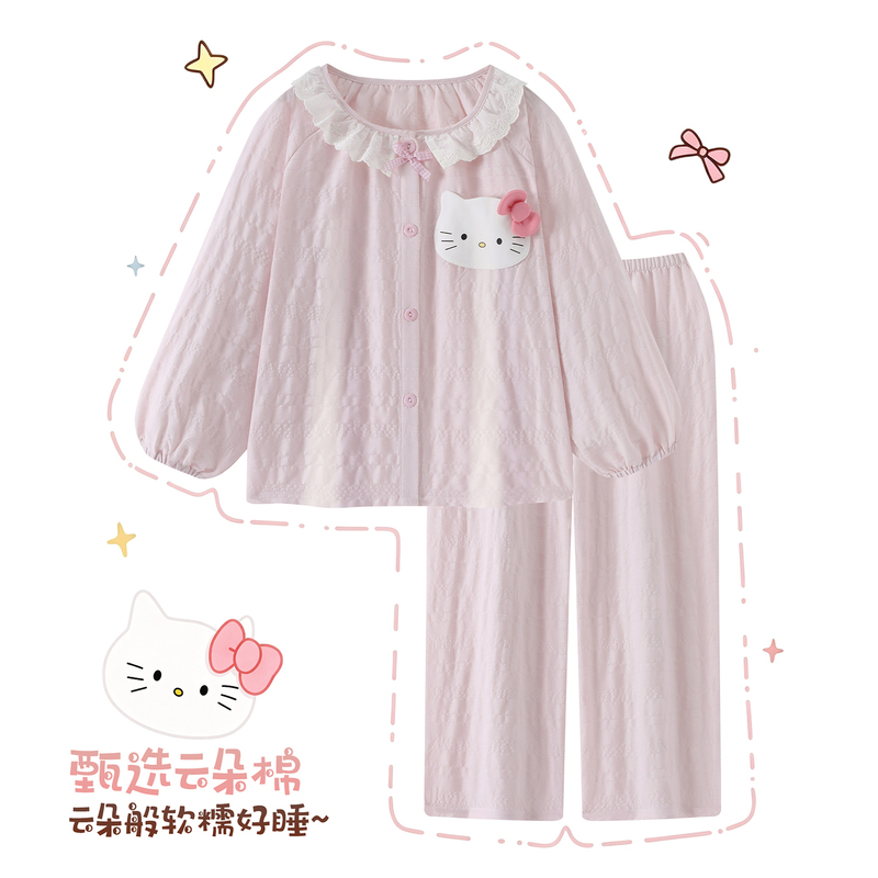 Gentle Cartoon Kt Cat Light Pink Girls' Plaid Homewear Long Sleeve Pajama Set for Girls and Teenagers in Autumn
