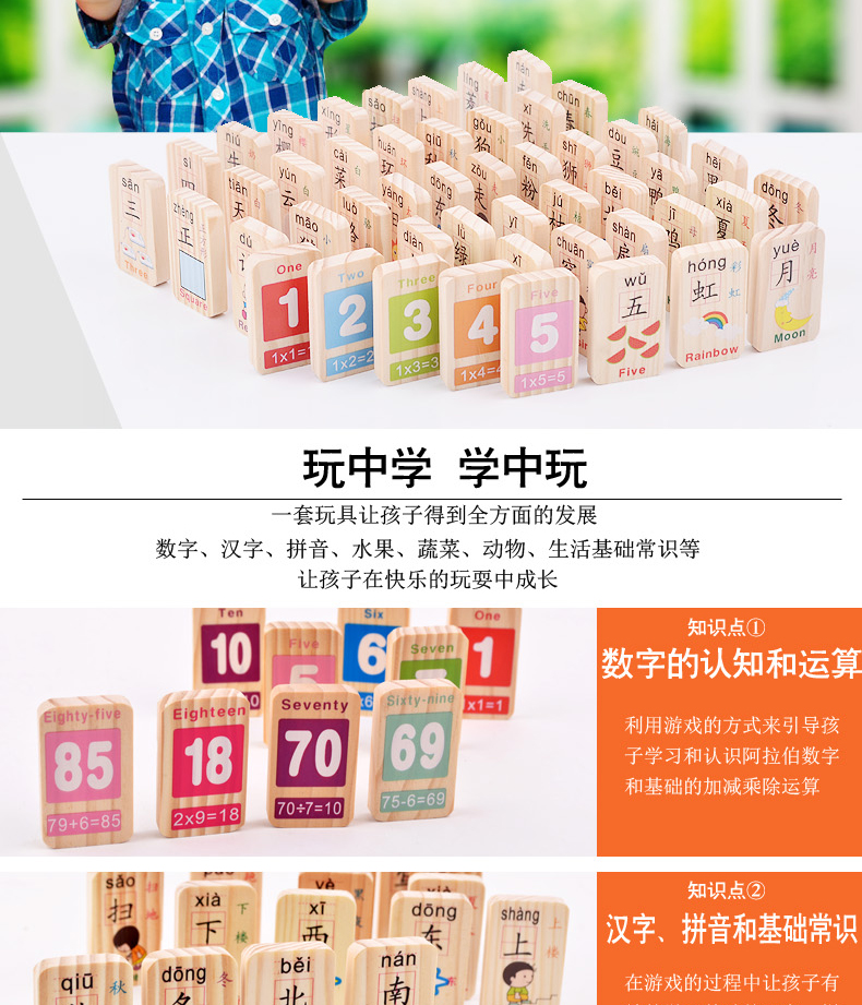 Huanmuyuan Trẻ em câu đố giáo dục sớm biết xây dựng khối đồ chơi trẻ em nhân vật kỹ thuật số Trung Quốc gỗ domino đồ chơi domino xuất khẩu