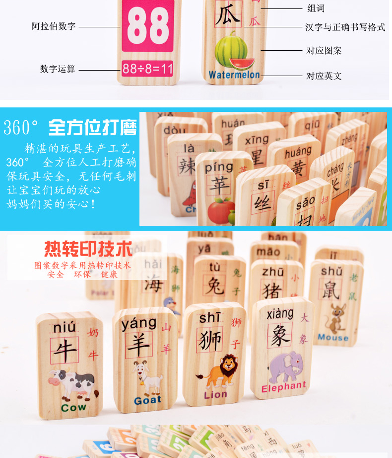 Huanmuyuan Trẻ em câu đố giáo dục sớm biết xây dựng khối đồ chơi trẻ em nhân vật kỹ thuật số Trung Quốc gỗ domino đồ chơi domino xuất khẩu