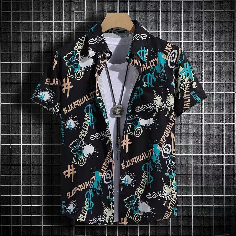 Ice Silk Floral Shirt for Men, Short-Sleeved, Summer Thin Quick-Drying Hawaiian Beach Shirt, Cool and Trendy Graffiti Shirt for Men