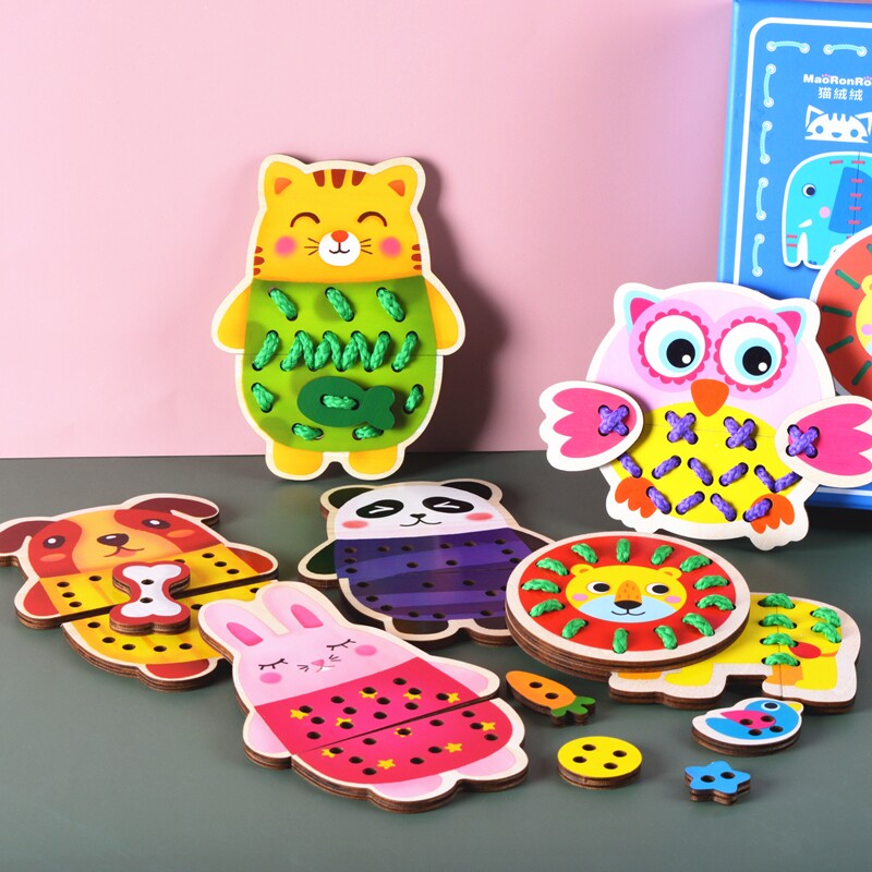 Children string beads wearing beads Practicing Fruit Animal Threading Board Kindergarten Hands-on Wearing Rope Toys Early Lessons Wise Teaching Aids