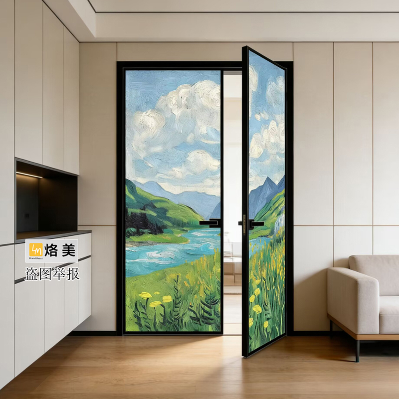 Chinese-Style Artistic Glass Kitchen Double Doors, Bathroom Toilet Swing Doors, Entryway Partition Bi-Fold Doors, Oil Painting Decoration