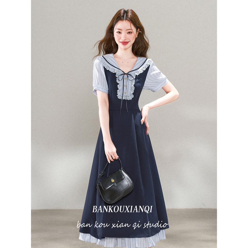 Summer New Style College-Style Long Dress in Navy Blue with Short Sleeves and Sailor Collar, Faux Two-Piece Shirt Dress for Women