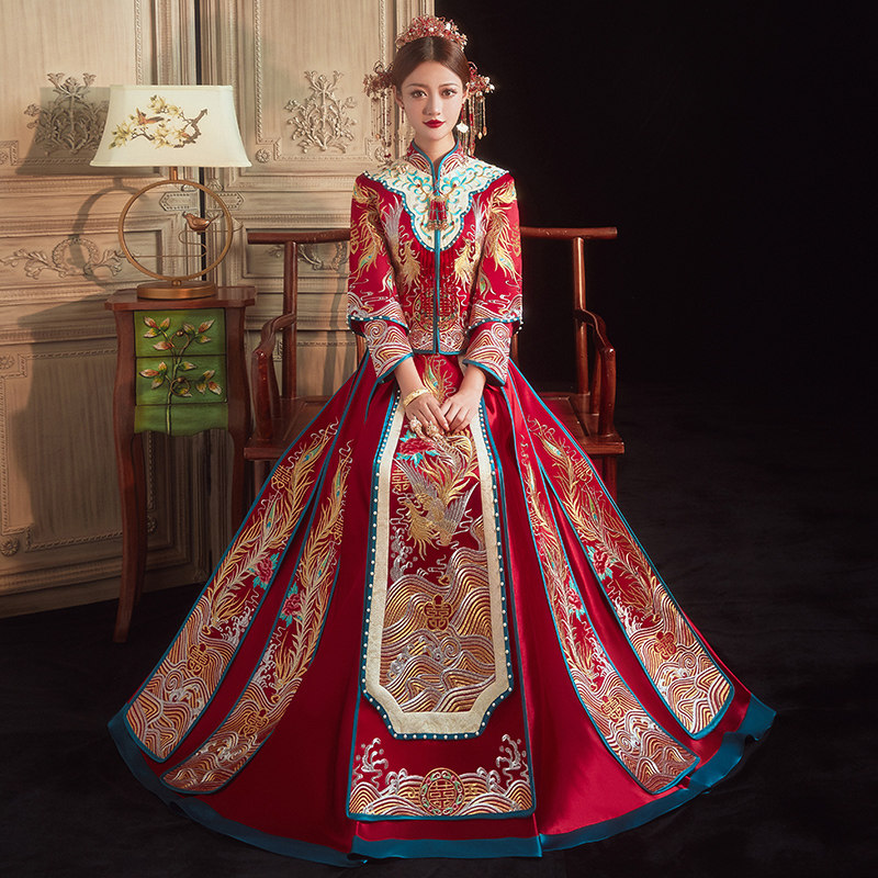 Heavy industry Xiuhe clothing 2022 new bride Chinese wedding dress dragon and phoenix gown toast clothing small show kimono
