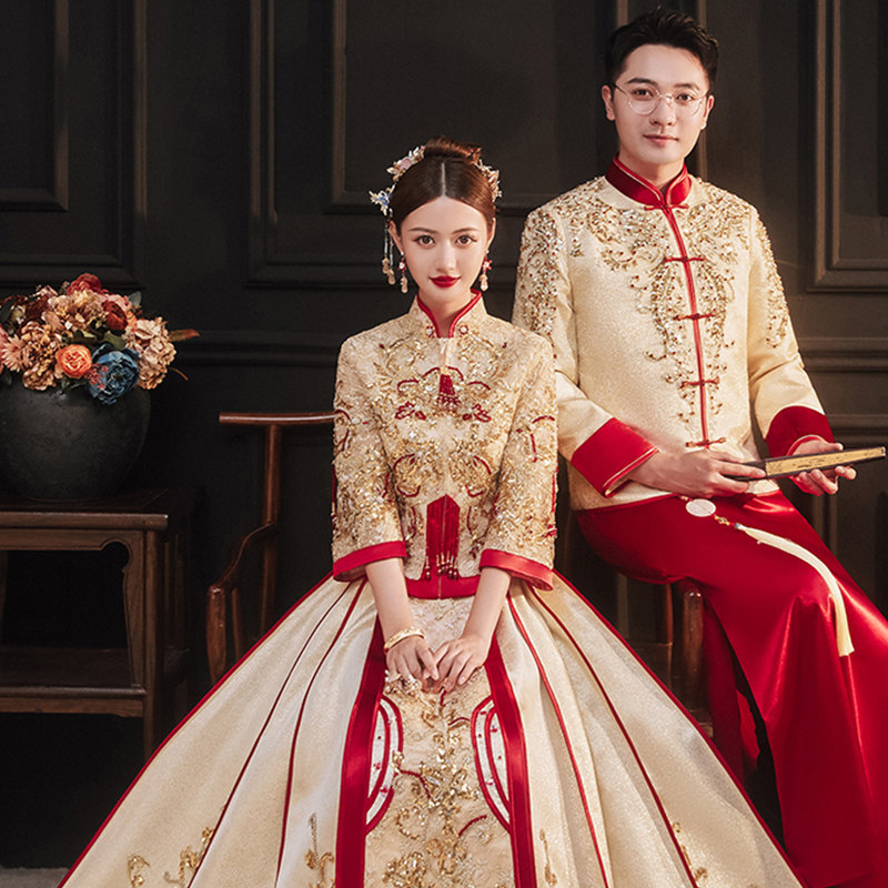 Advanced Xiuhe clothing 2022 new bride high-end Chinese wedding dress dragon and phoenix hanging toast clothing champagne color show kimono