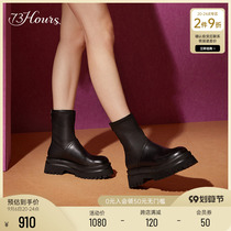 73Hours Womens Shoes Erika New Leather Round Toe Boots Black Fashion Boots Thick Sole Short Boots Women