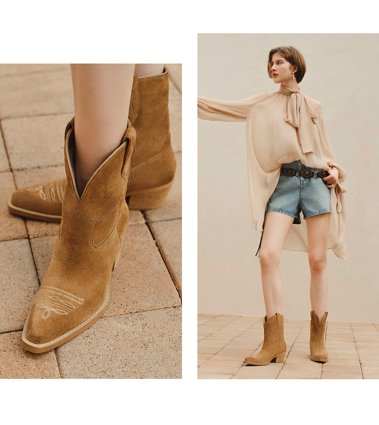Западные Boots 73hours女鞋旷野玫瑰冬季新款尖头西部牛仔靴女游牧风显瘦短靴子