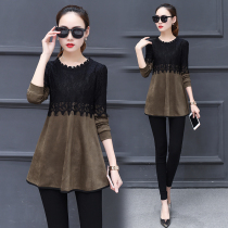 2021 new velvet base shirt womens large size medium length lace top spring and autumn long-sleeved t-shirt foreign style small shirt