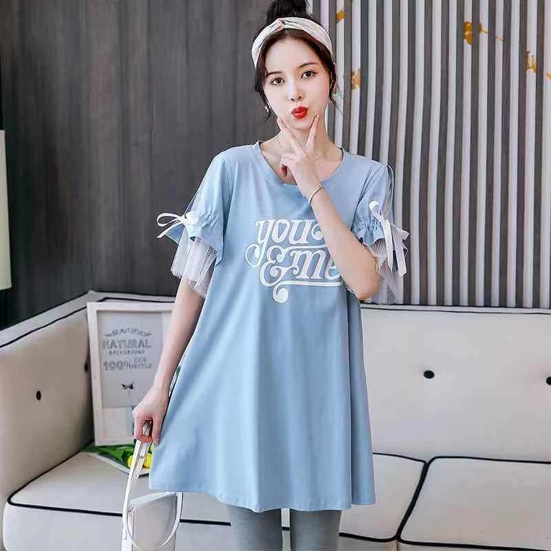 Maternity blouse Summer loose fashion models base shirt Large size summer dress Short sleeve t-shirt Medium long net red